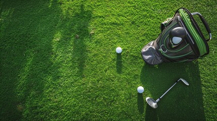 A golf ball and golf club stored in a bag on green grass.
