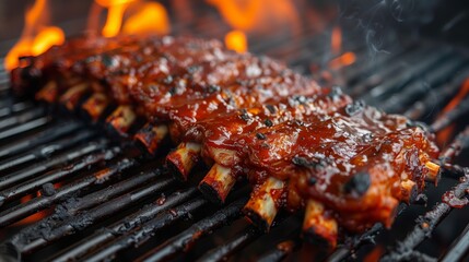 Sticky Barbecued Ribs Grilling Over Open Flames