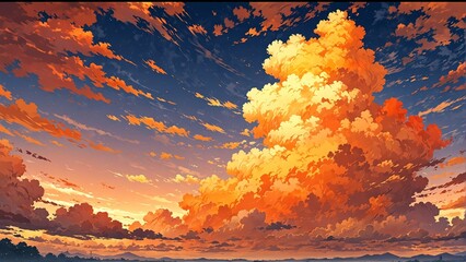 orange sky with clouds landscape cartoon anime from Generative AI