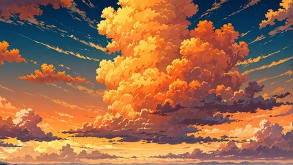 Fototapeten orange sky with clouds landscape cartoon anime from Generative AI © SevenThreeSky