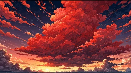 Fotobehang red sky with clouds landscape cartoon anime from Generative AI © SevenThreeSky