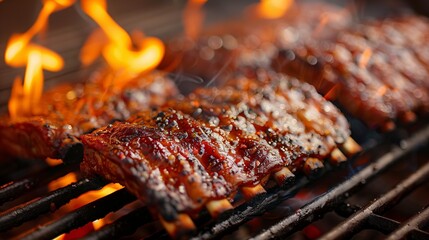 Barbecue Pork Ribs Glazed and Grilling with Flames