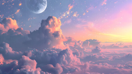 Mesmerizing Pastel Sky with Crescent Moon at Twilight Fantastical Celestial Landscape