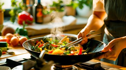 In a well-lit kitchen, a woman's hands confidently prepare a colorful vegetarian stir fry, a dance of flavors in a wok. - obrazy, fototapety, plakaty