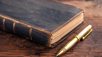 Old leather-bound book and gold pen on wooden surface