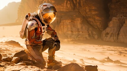 In the eerie silence of Mars, an astronaut examines rock formations, uncovering clues to the planet's habitable past.