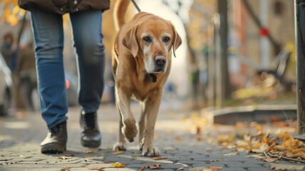 Golden retriever walking on leaf-strewn pavement with owner