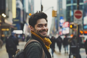 Young handsome man in the streets of New York, wearing a yellow scarf.