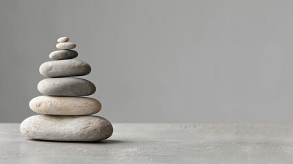 Stack of smooth, balanced stones on gray surface against neutral background - obrazy, fototapety, plakaty