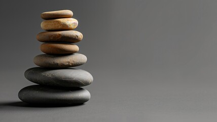Stack of smooth, balanced stones on grey background