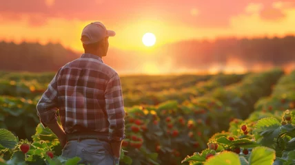 Foto auf Acrylglas Antireflex Farmer observing strawberry fields at sunset © Artyom