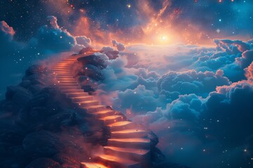 Stairs leading to the sky, fantasy background with stars and clouds, spiral staircase reaching into space - obrazy, fototapety, plakaty