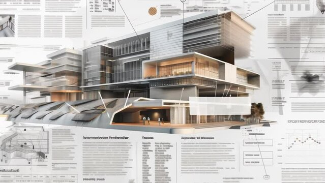 Blueprints for a modern building are spread out, revealing intricate lines, numbers, and annotations that detail the structure, exterior, interior, and other specifications