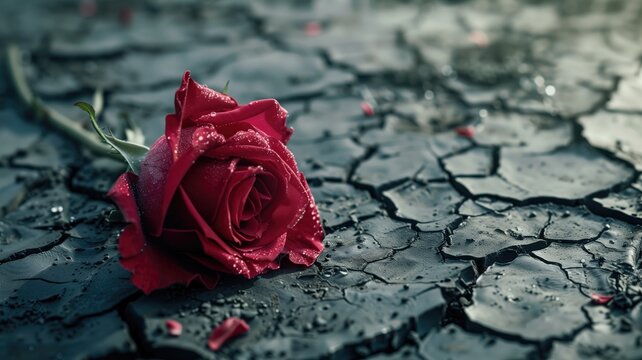 Red rose with water droplets on dry cracked earth