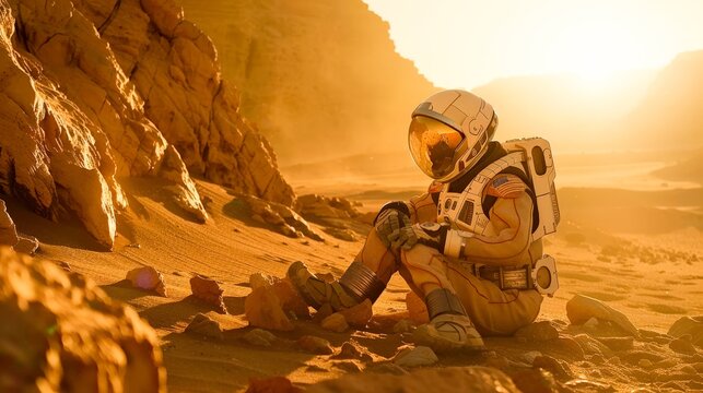 In the eerie silence of Mars, an astronaut examines rock formations, uncovering clues to the planet's habitable past.