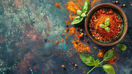 Various spices and herbs scattered on textured blue background
