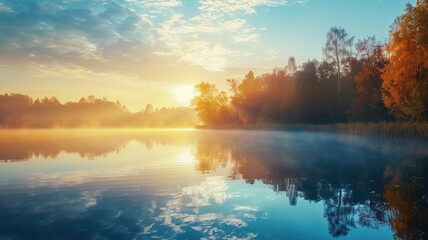 Fototapeta premium Sunrise over calm lake with autumn trees reflecting on water surface and fog
