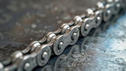 Close-up of metallic bicycle chain on textured surface