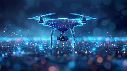 Abstract depiction of a drone with action video camera against a dark blue backdrop, characterized by lines and dots forming a polygonal low poly structure.