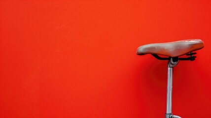 Vintage bicycle seat against vibrant red background - obrazy, fototapety, plakaty