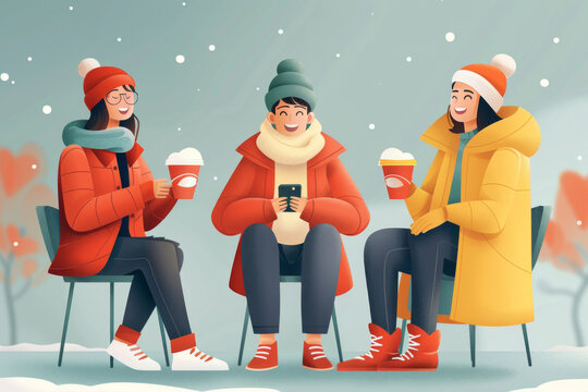 Three friends enjoying a winter day outdoors with hot drinks