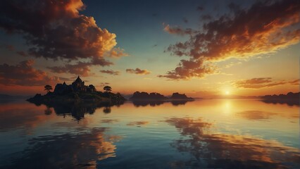Fototapeta na wymiar sunset sky and water fantasy landscape background from Generative AI