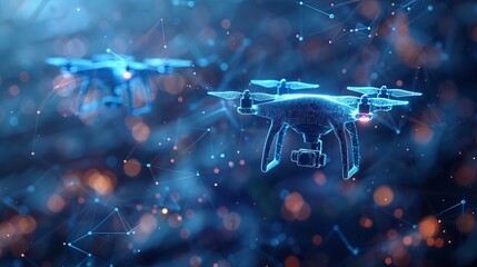 Abstract depiction of futuristic drone technology featuring digital wireframe drones flying with a blue neon glow, against a low poly background with connecting dots and lines.