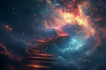 Stairs leading to the sky, fantasy background with stars and clouds, spiral staircase reaching into space - obrazy, fototapety, plakaty
