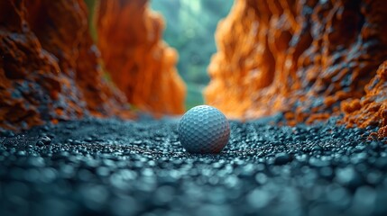 Close-up of golf ball viewed from inside hole, symbolizing success. - obrazy, fototapety, plakaty
