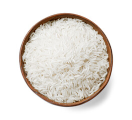 Raw basmati rice in bowl isolated on white, top view