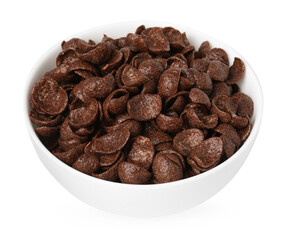 Breakfast cereal. Chocolate corn flakes in bowl isolated on white