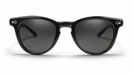 Cool sunglasses with a black plastic frame are isolated on a white background, viewed from the top.