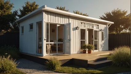white theme container house with entrance porch and front yard lawn and flower beds, with morning sunlight from Generative AI