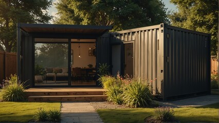 sustainable theme container house with entrance porch and front yard lawn and flower beds, with morning sunlight from Generative AI