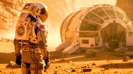 Overcoming the challenges of the red planet, an astronaut sets up a habitat module, a small step toward Mars colonization.