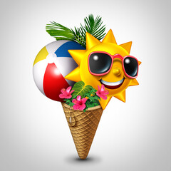 Summer Vibes hot seasonal symbol as a fun party ice cream cone for vacation and travel holiday festival for June July August months as a happy sun palm trees and beach ball. - 786733987