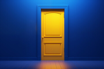 Closed yellow door with blue walls
