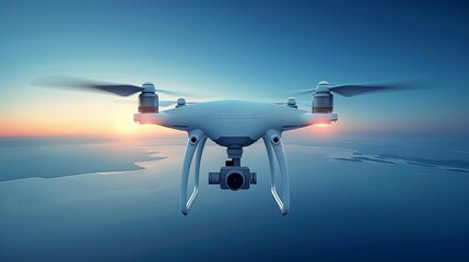 Drone equipped with a camera portrayed in a lifelike manner against a blue backdrop, rendered in vector format. - obrazy, fototapety, plakaty