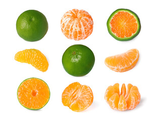 Fresh ripe tangerines with green peel isolated on white, set