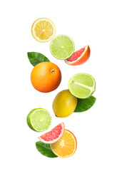 Many different fresh citrus fruits falling on white background