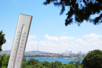 Thermometer showing temperature outdoors, hot spring weather