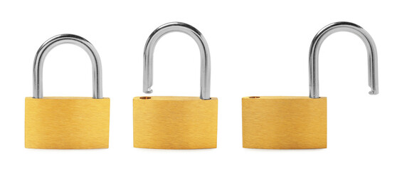Modern padlock isolated on white, collage of photos