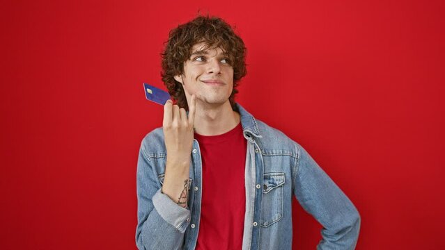 Smiling curly-haired man holding credit card stands against vibrant red backdrop, denoting transaction.