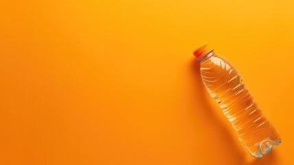 Clear plastic bottle with orange liquid on background - obrazy, fototapety, plakaty