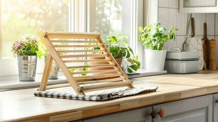 Wooden dish rack on kitchen counter by window - obrazy, fototapety, plakaty