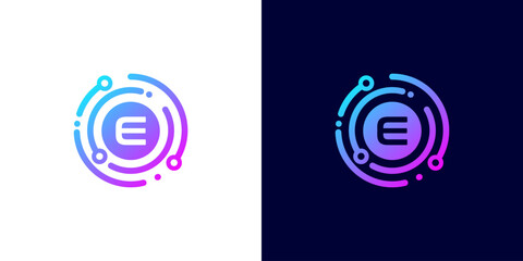 letter E technology logo with circle circuit line style for digital, data, connection