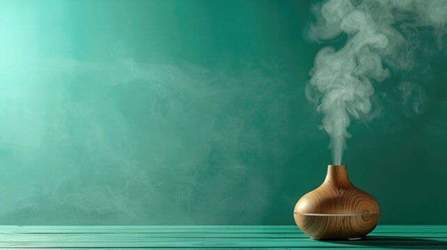 Wooden-patterned aroma diffuser emitting smoke on green background