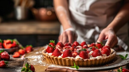 Obraz na płótnie Canvas Person preparing fresh strawberry tart in rustic kitchen setting