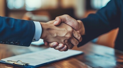 Two people in formal attire shaking hands over desk - obrazy, fototapety, plakaty