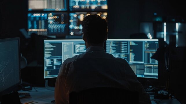 A cybersecurity analyst in a dark room lit only by computer screens, tracing a cyber attack, styled as a noir thriller.